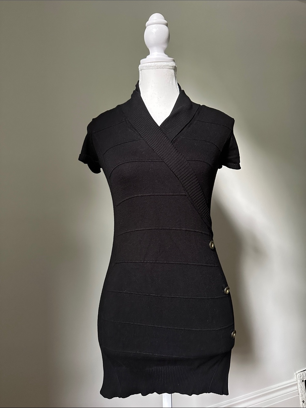 SUZY‎ SHIER Black Y2K Whimsigoth Ribbed Faux Wrap Bodycon Mini Dress XS